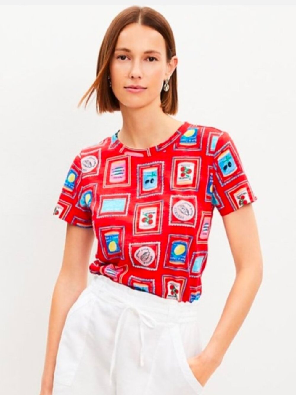 LOFT Can Print T-Shirt Red Tomato Sardines Citron Short Sleeve Cotton Tee medium